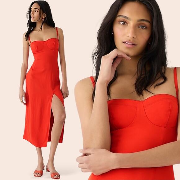 J CREW Crepe Bustier Midi Dress Bustier Cocktail Evening Orange Spaghetti Strap - Picture 1 of 14